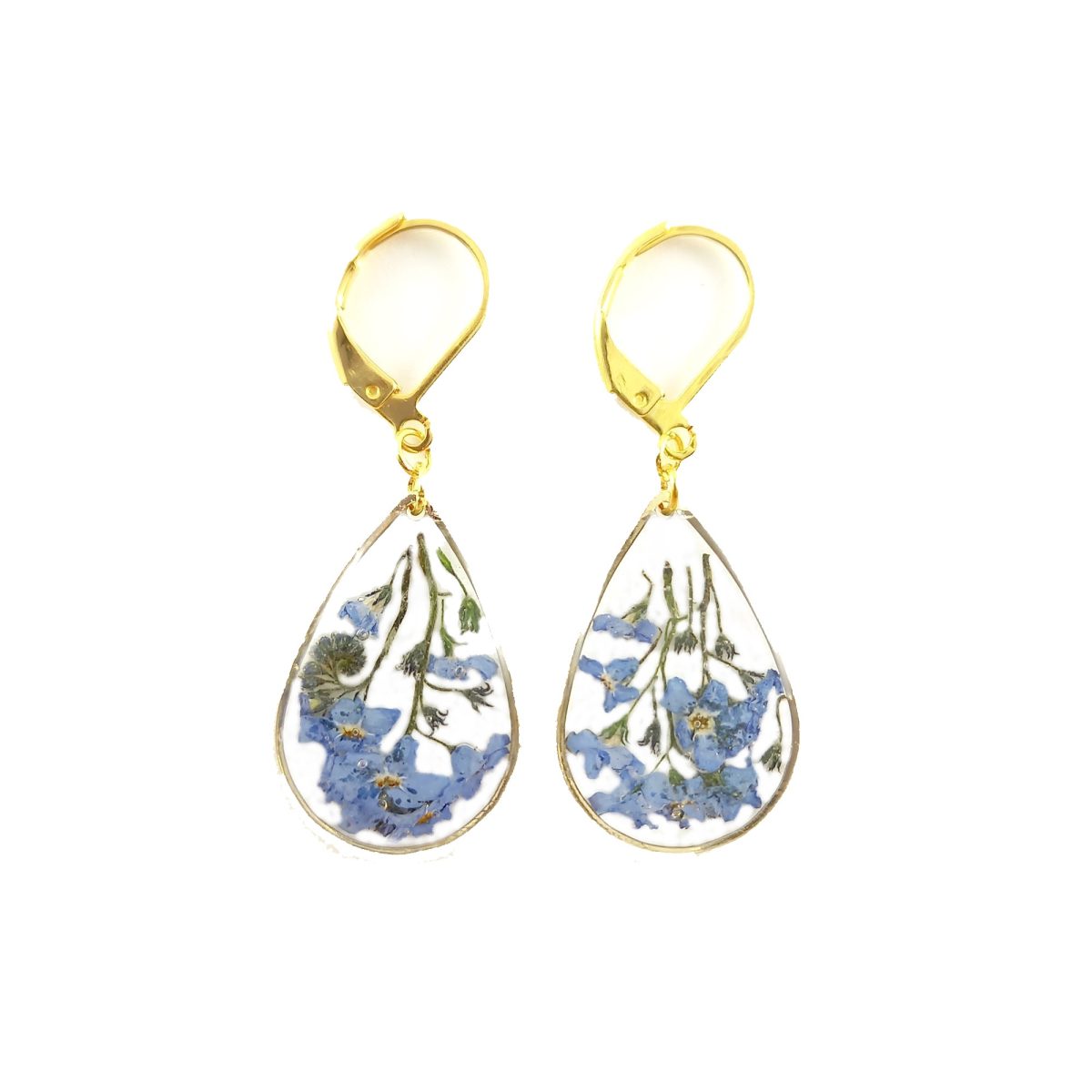 Boucles D'oreilles Pendantes Goutte Fleur Myosotis - Argent - Avec Fleurs Pressées Réelles - Boîte Cadeau Incluse